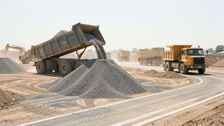 Camions-bennes acheminant et déchargeant des granulats sur un chantier organisé.