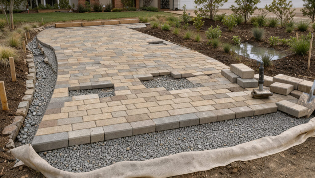 Allée carrossable durable montrant des pavés perméables, une fondation en gravier compacté et un système de drainage relié à un jardin de pluie.