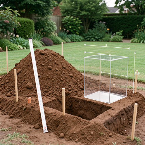 Tas de terre brune près d’une excavation rectangulaire, entouré d’outils de mesure et d’un cadre géométrique transparent illustrant le calcul du volume.