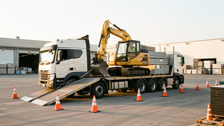 Camion de transport spécialisé chargeant soigneusement une mini-pelle et des matériaux de construction dans une cour logistique organisée.