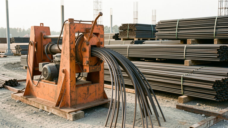 Cintreuse industrielle façonnant des barres d’armature sur un chantier, avec des matériaux empilés prêts à être transportés.