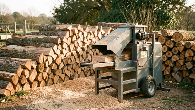 Machine combinée professionnelle coupant et fendant des bûches en bois de chauffage, installée près d’un tas de bois dans un environnement rural.