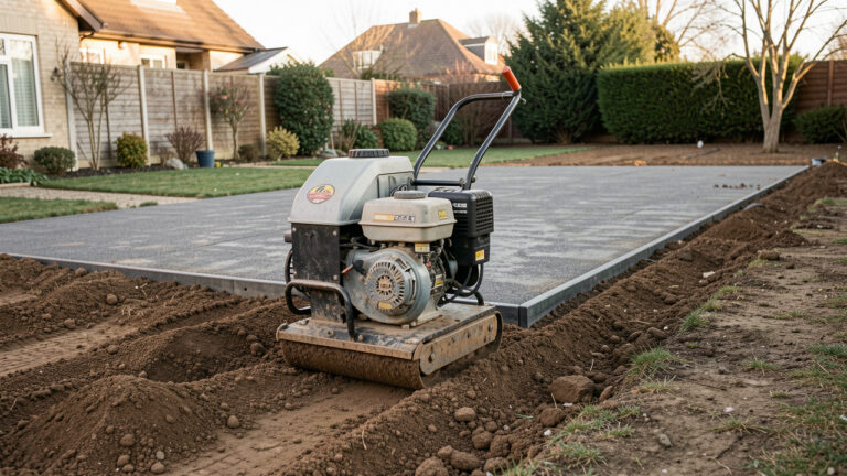 Compacteur vibrant utilisé pour stabiliser un sol nivelé avant la création d’une allée ou d’une terrasse.