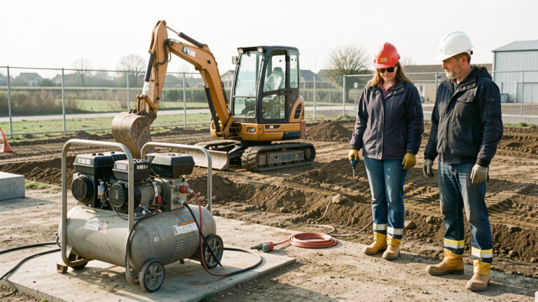 Compresseur d’atelier portable utilisé sur un chantier de terrassement et d’aménagement extérieur par deux professionnels équipés.