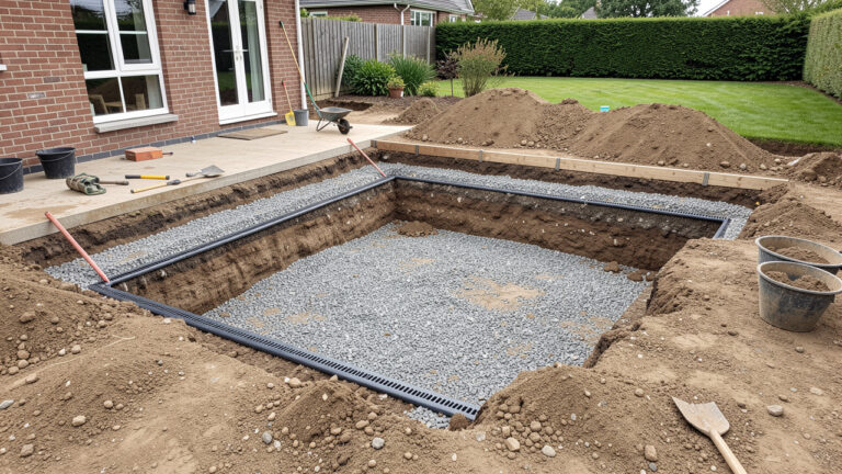 Terrain résidentiel en cours de décaissement pour une terrasse, avec fondation visible, couches de gravier compacté et système de drainage correctement installé.