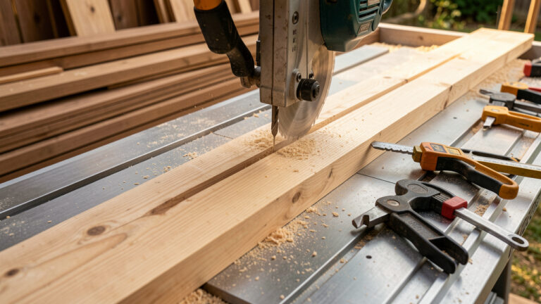 Banc de scie réalisant une découpe précise dans une planche en bois, avec des outils de mesure et des matériaux destinés à un aménagement extérieur.