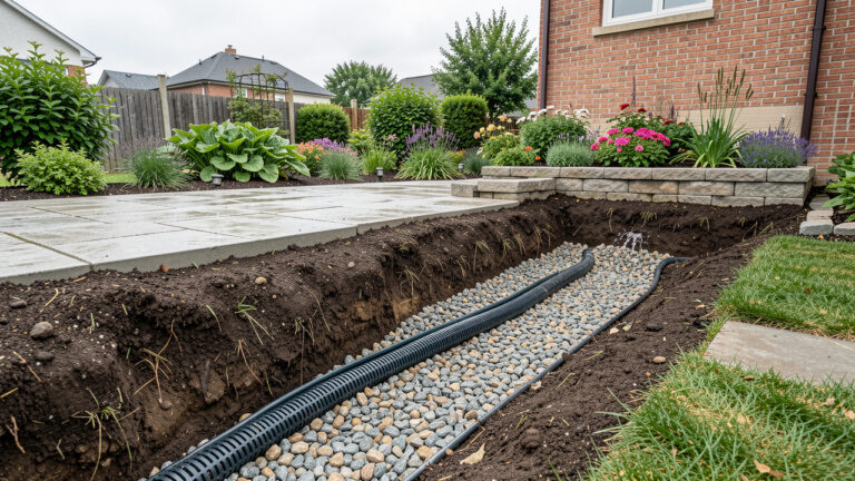 Système de drainage installé sous un jardin résidentiel pour éloigner l’eau de pluie d’une terrasse, d’un mur de soutènement et de massifs paysagers.