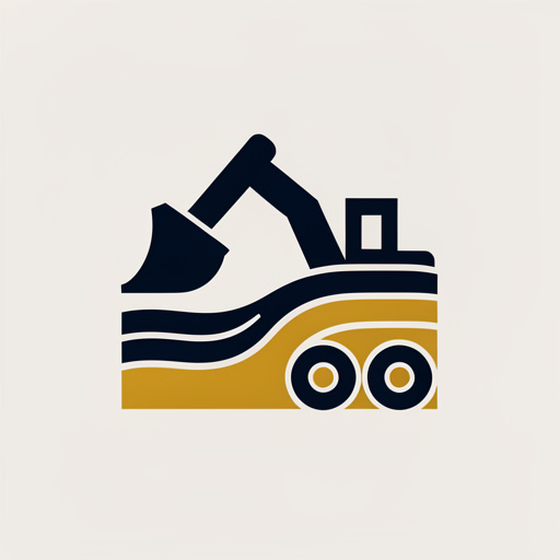 Emblème minimaliste et moderne représentant symboliquement le terrassement, l’assainissement, l’aménagement extérieur et le transport d’engins par une icône géométrique aux couleurs bleu marine et jaune doré sur fond uni.