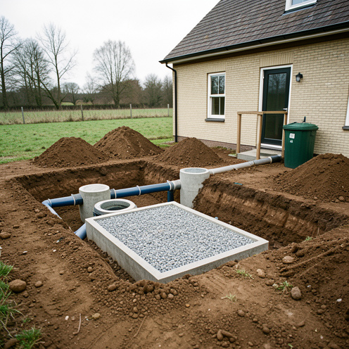Installation professionnelle d’un système d’assainissement non collectif avec canalisations, regards et filtre à gravier près d’une maison rurale.