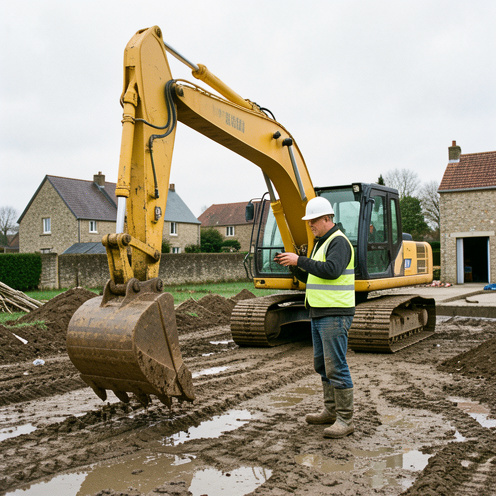 Un conducteur de travaux inspecte une pelleteuse jaune sur un chantier de terrassement près de Caen, dans un paysage normand.