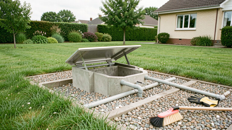 Installation d’assainissement individuel propre et entretenue dans un jardin, avec regard d’inspection ouvert, canalisations visibles, gravier et accessoires de maintenance.