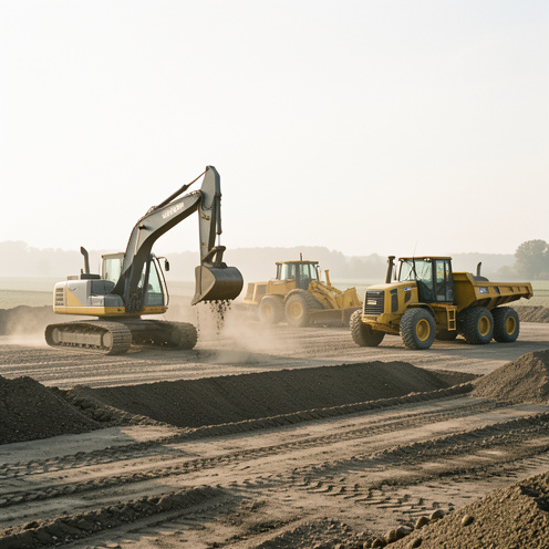 Plusieurs engins de terrassement, dont une pelleteuse, un bulldozer, une chargeuse et un dumper, travaillent sur un chantier extérieur.