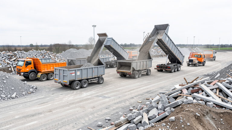 Bennes industrielles et camions-bennes organisés sur un chantier pour l’évacuation et le tri des déblais de construction.
