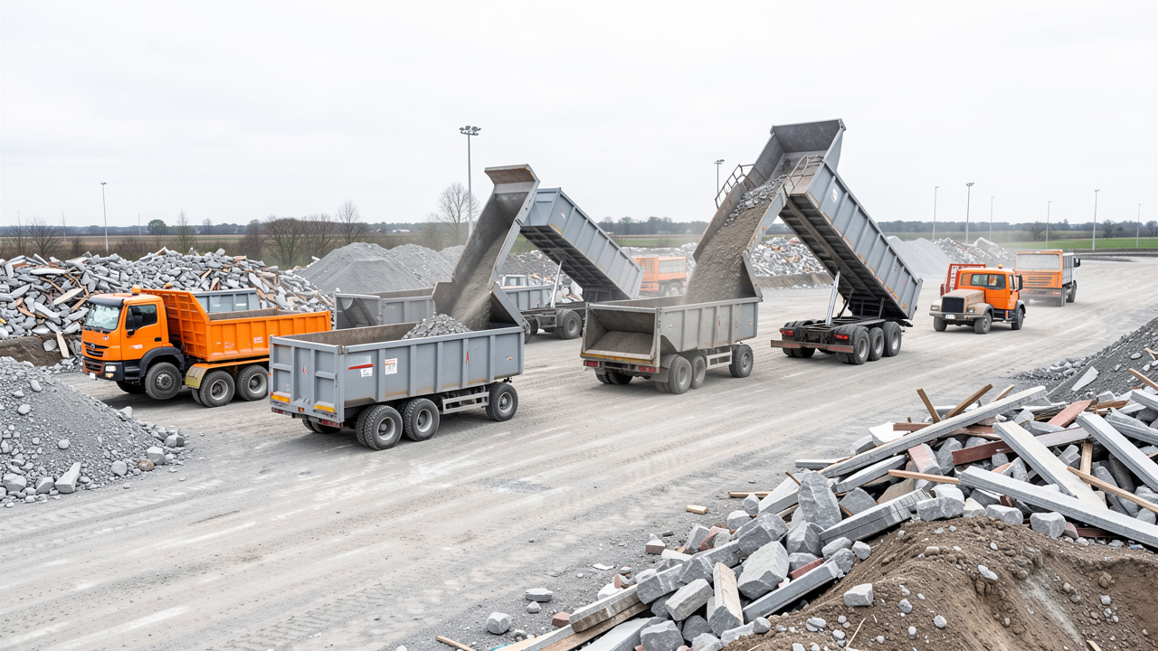 Bennes industrielles et camions-bennes organisés sur un chantier pour l’évacuation et le tri des déblais de construction.