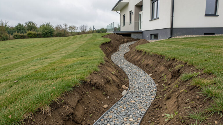 Terrain paysager en pente douce éloignant les eaux de pluie des fondations d’une maison grâce à une bande de gravier et une rigole végétalisée.