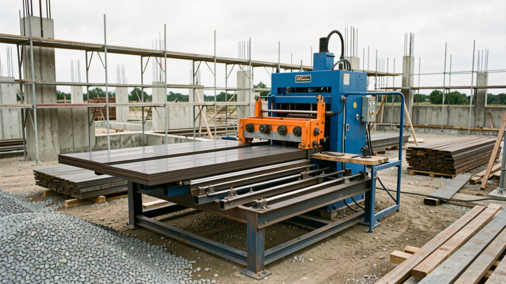 Plieuse métallique portable utilisée sur un chantier extérieur pour façonner des pièces en acier.