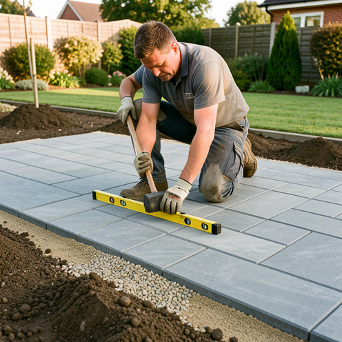 Un paysagiste prépare un sol compacté et pose des pavés gris selon un motif géométrique dans un jardin résidentiel.