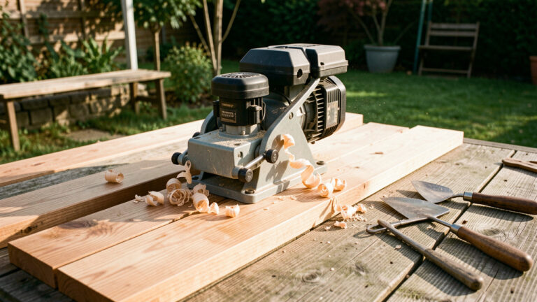 Raboteuse électrique utilisée pour lisser des planches en bois destinées à un aménagement extérieur durable.