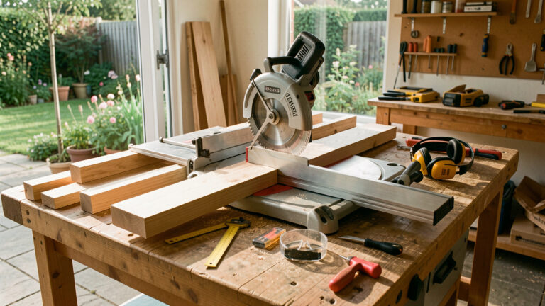 Scie sur table réalisant une découpe précise dans une planche de bois pour un aménagement extérieur.