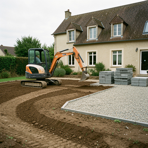 Mini-pelle préparant et nivelant une cour résidentielle avant sa rénovation, avec de la terre fraîchement travaillée, des graviers et des pavés dans un environnement rural.