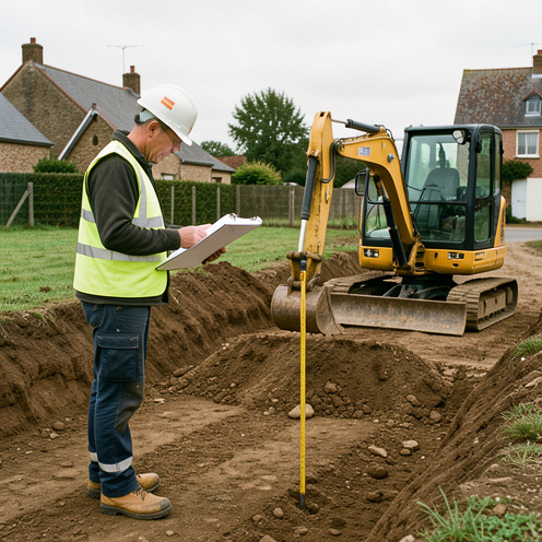 Terrassier inspectant un chantier d’excavation résidentiel près de Caen, avec une mini-pelle, des outils de mesure et des plans vierges.