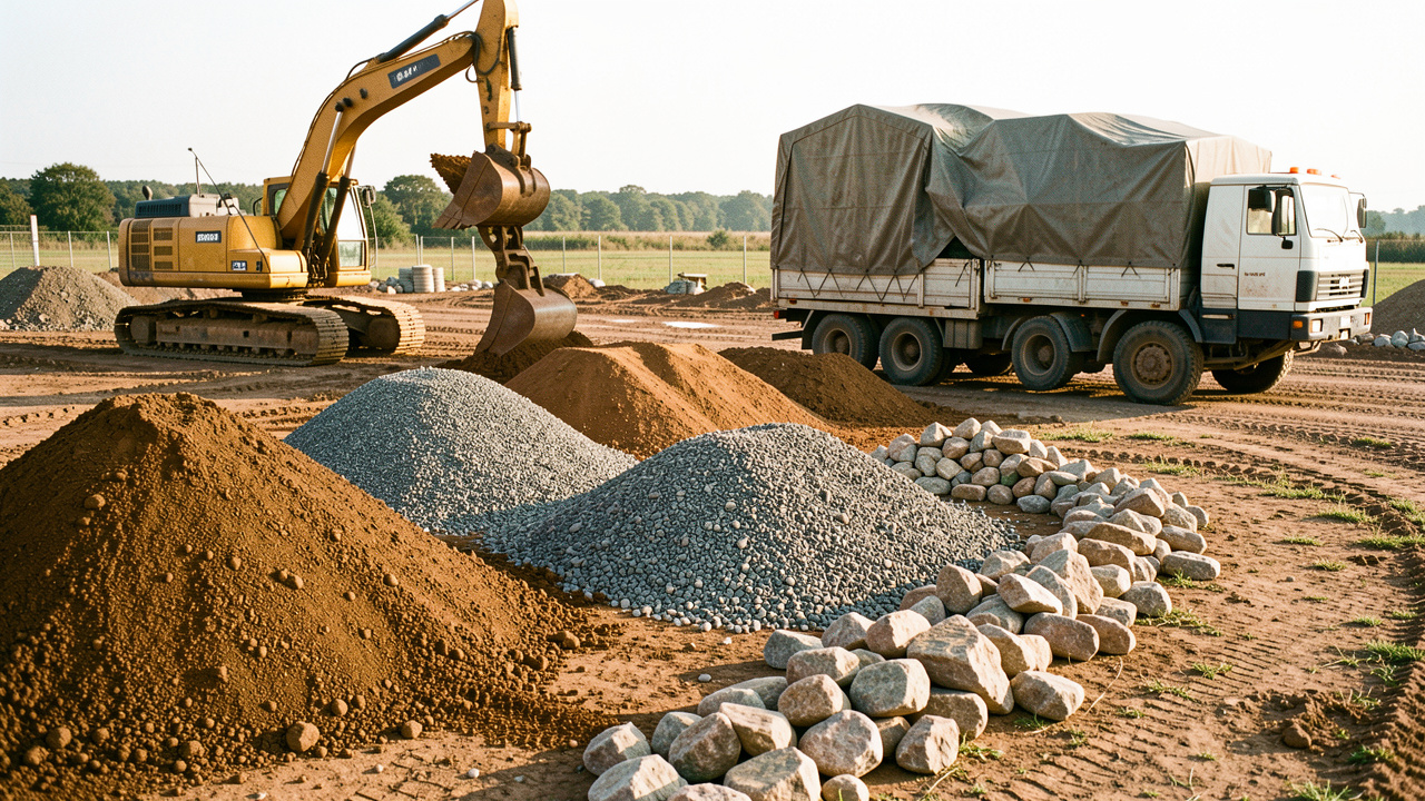 Tas de terre excavée triée par matériaux sur un chantier organisé, avec une pelleteuse chargeant les éléments réutilisables dans un camion couvert.