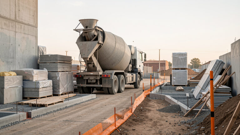 Camion toupie en béton manœuvrant sur un chantier, avec des accès étroits, des zones de fondation et des matériaux organisés pour anticiper les volumes et les délais de livraison.