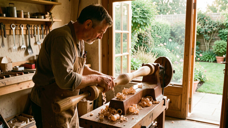 Un artisan façonne au tour à bois une pièce décorative en bois durable destinée à aménager une terrasse ou un jardin.
