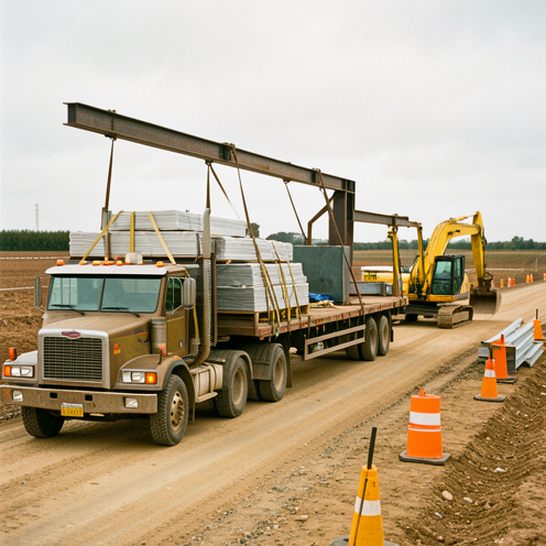 Camion plateau transportant des engins de chantier et des matériaux solidement arrimés sur une route d’accès sécurisée.